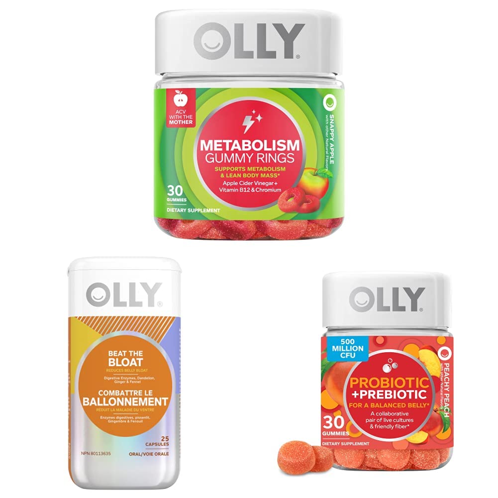 OLY Presnova Gummy prstani, Apple Cider kinar, vitamin B12, krom, energetika in prebavnega zdravja žvečljivi dodatek (30 Count) in OLLY premagal Bloat kapsule, Prebavne podporne encime, Dopolnilo za ženske (25 Count)