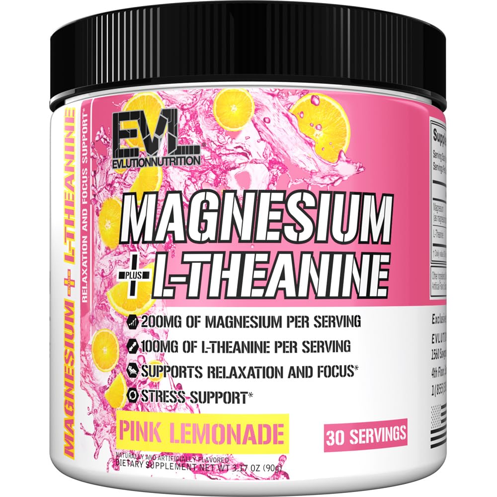 Evolution Nutrition Magnezij + L-Theanin - Natural Relaxation & Focus Support - 200mg Magnezij + 100mg L-Theanine - Vegan & Non-GMO - Prehranska dopolnila v prahu - 30 Serving - Roza limonada
