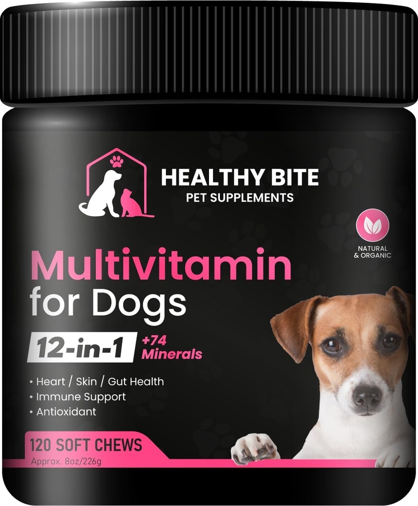 Zdrav ugriz 12 v 1 Multivitamin za pse - dodatek za kožo in plašč, Imunska podpora, Pet Vitamini, Kalcij za pse Izdelano v ZDA - 120 Število