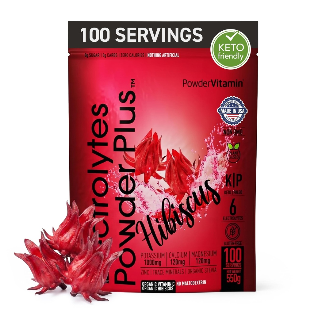 PrašekVitamin Elektroliti v prahu Plus (100 servijev) Hibiscus Elektrolitni prašek Zero Calorie Keto,0 Sladkor, brez maltodekstrina,1000mg kalija,120mg kalcija,120mg magnezija, hidracija v prahu