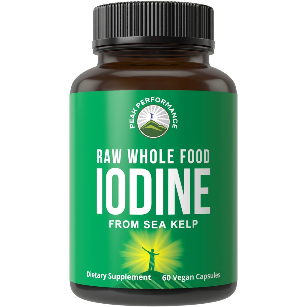 Surova cela hrana Jod Supplement from Organic Kelp (Ascophyllum Nodosum) by Peak Performance. Podporne tablete kalijeve jodide za presnovo, energijo in imunski sistem. 60 veganskih kapsul, tablete.