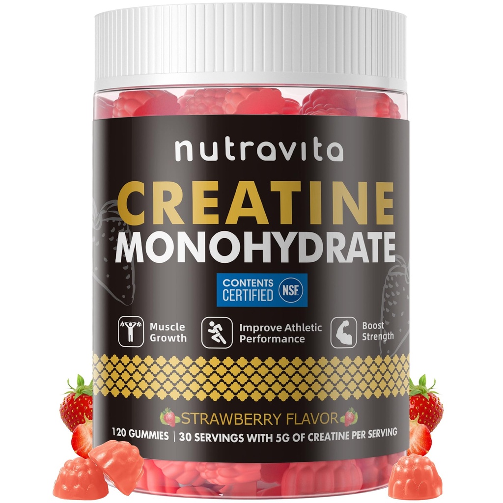 Nutravita NSF Certified Creatine Gummy - Kreatin Monohidrat Gumije za moške in ženske 5g kreatin monohidrata na serviranje - brez sladkorja,Vegan, Jagodna aroma, 120 Count
