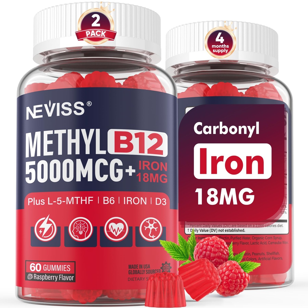 NEVIS metil B12 Vitamini 5000 mcg Gumiji + železo 18 mg za ženske - aktivni metilkobalamin metil B12 Vitamin dodatek w/L-metilFolat, B6 (P5P) & D3 za podporo energiji in fokusu, 120 Servisi