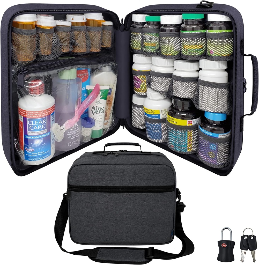 Extra-Velike tablete Bottle Organizer, Medicine Bag, Nosilec za zdravila, vitamine in medicinske potrebščine - Modularna potovalna medicina Organizator in Domov Shranjevanje Med Bag - Temno siva (z zaklepom)