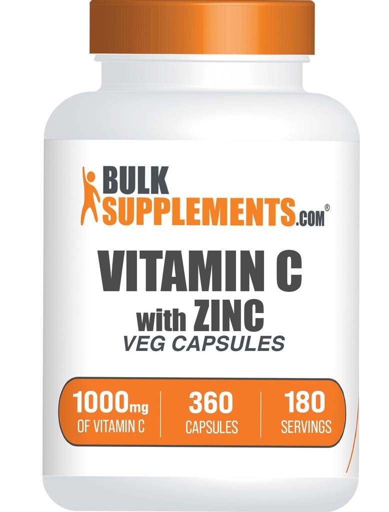 BulkSupplements.com Vitamin C z cinkovimi kapsulami - vitamin C 1000mg & cink 15mg, za imuno podporo - Vegan, 2 kapsuli na serviranje, 360 Veg število (Pack of 1)