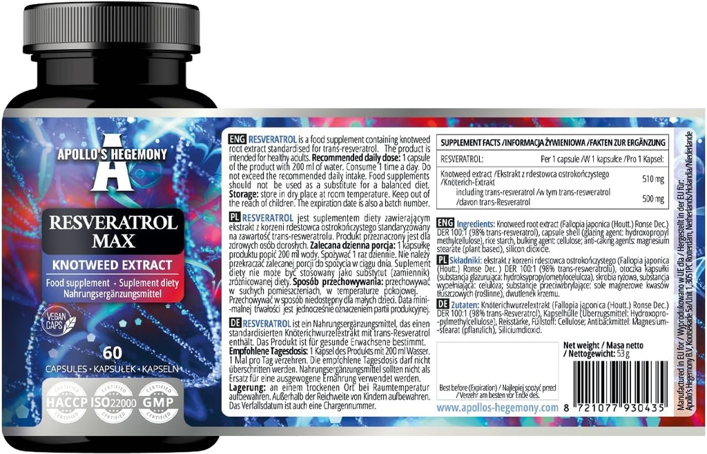 APOLLOV HEGEMONY Resveratrol Max - 500 mg na kapsulo - 60 Veganskih kapsul - Izvleček visoke čistosti 98% - podpira Cirkulativno zdravje - Naravni antioksidant - prehranska dopolnila