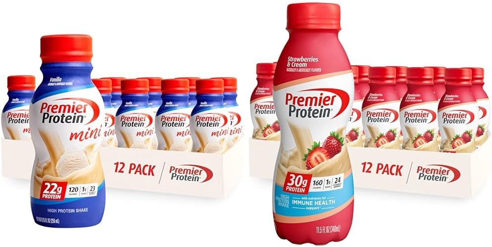 Premier Protein Shake MINI Vanilija 22g Protein 120 Kalorije Pakiranje 12 in jagod Premier Protein Shake 30g Protein 160 Kalorij Pakiranje 12