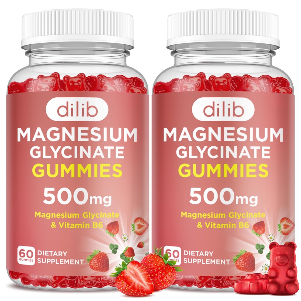 Magnezij Glycinate Gumies 500mg za odrasle in otroke Magnezij dodatek z vitaminom B6-naravnim mirnim gumijastim gumijastim razpoloženjem, mišice in spanje podporo-rjave jagodne arome, 120 Gumies