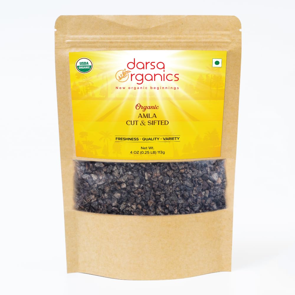 Darsa Organics Indian Gooseberry, Suhi Amla cut & Sifted 4oz - USDA Organic Amla za zeliščni čaj, Zdravi recepti, Rast las & Immuniteta, Bogata z vitaminom C & antioksidanti, Vegan, ne-GMO, Gluten brezplačno, Košir