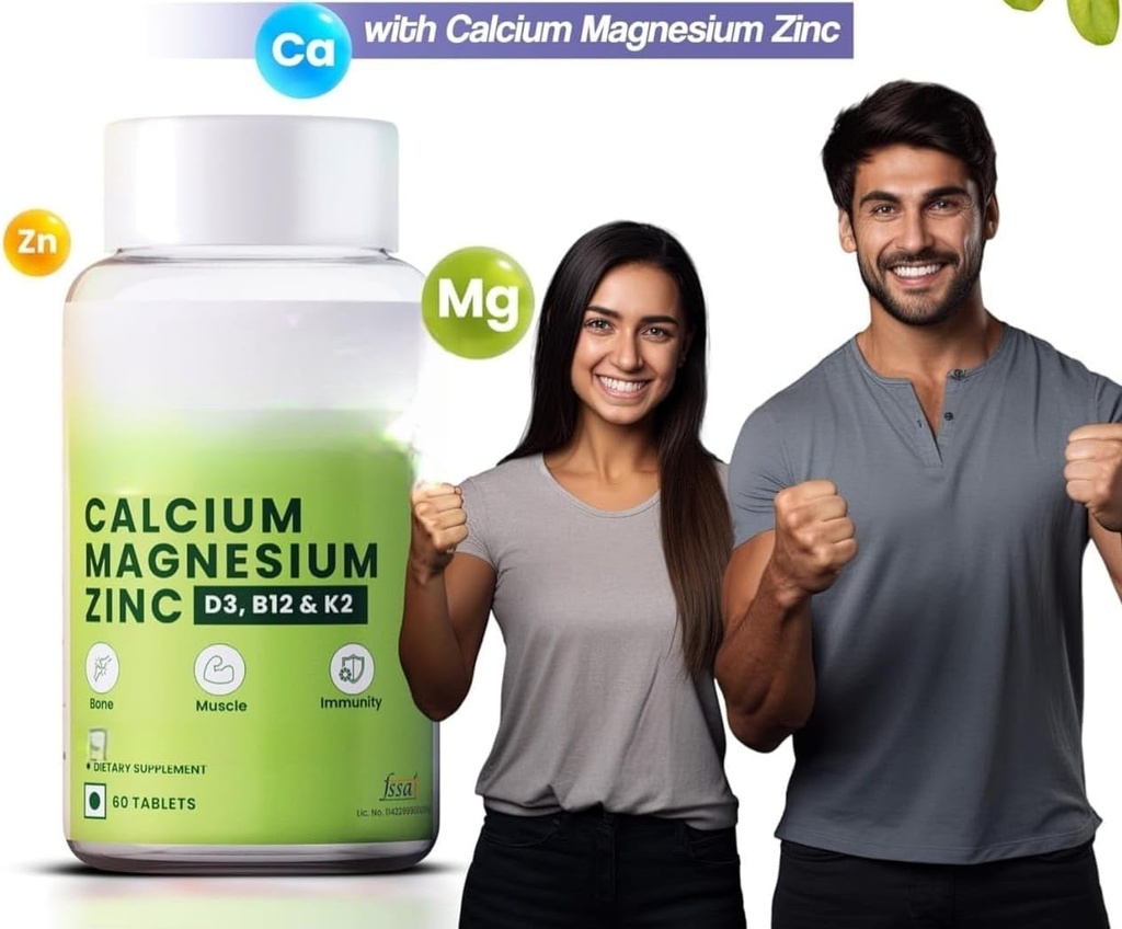 Kalcij, Magnezij, cink z vitaminom D3 & B12, 1000mg I 60 Veg tablete.Podpora močni sklepi Zdravje za moške in ženske, 1 Število, 60 Kapsule