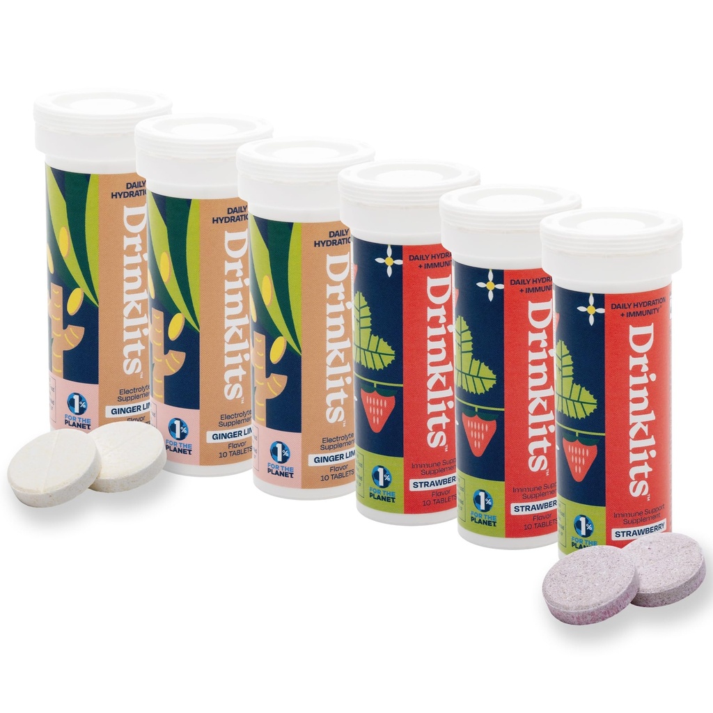 Pijače Ingver-Lime Elektrolit Hidracija in Jagodne Immunitete Tablete (6) Tube Combo Pack 