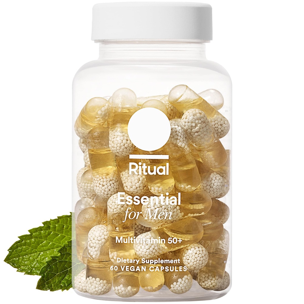 Ritual Multivitamin za moške 50+, Vegan, z cinkom, vitaminom A in D3 za podporo imunskemu delovanju*, Omega-3 DHA, B12, K2, brez glutena, ne-GMO, metin Essenced, 30 dnevna dobava