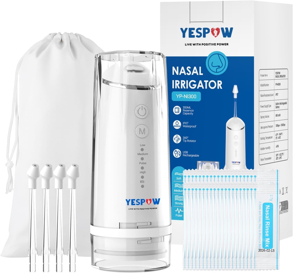 Nazalni namakalni sistem - YESPOW Electric Neti Pot Cleaner - Sinus Rinse Machine s 4 načini za nosno pranje - Nasal namakanje s 40 Packets Saline za Sinus Flush in Relief