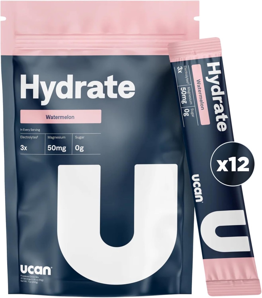 UCAN Hydrate Drink Mix (Watermelon, 12 Stickpacks) Sugar-free, Keto-prijateljski, Vegan, Ne-GMO, Gluten-free Elektrolitni prašek s kalijem in magnezijem za runerje in športnike