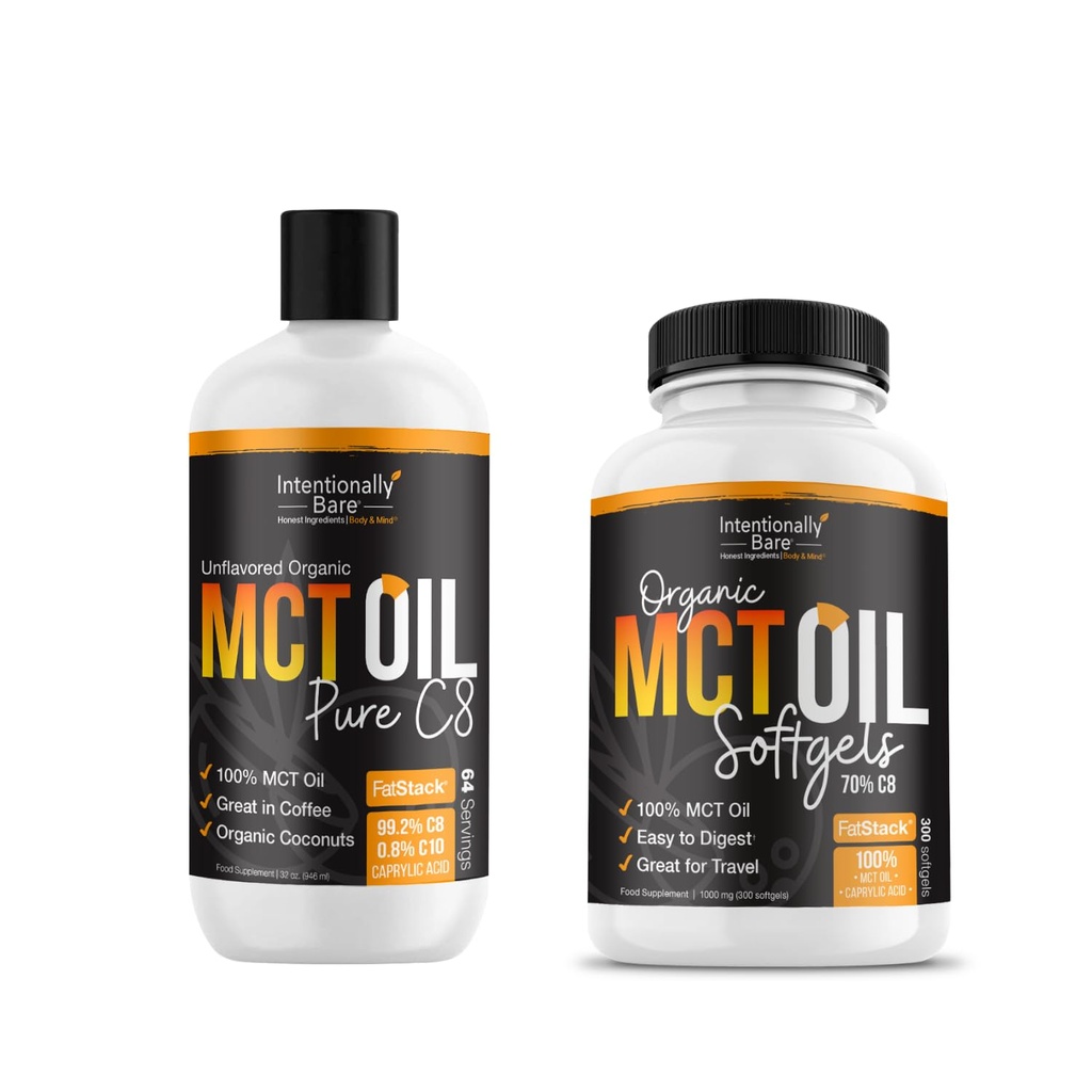 MCT Oil kapsule in čisti C8 MCT Oil paket.