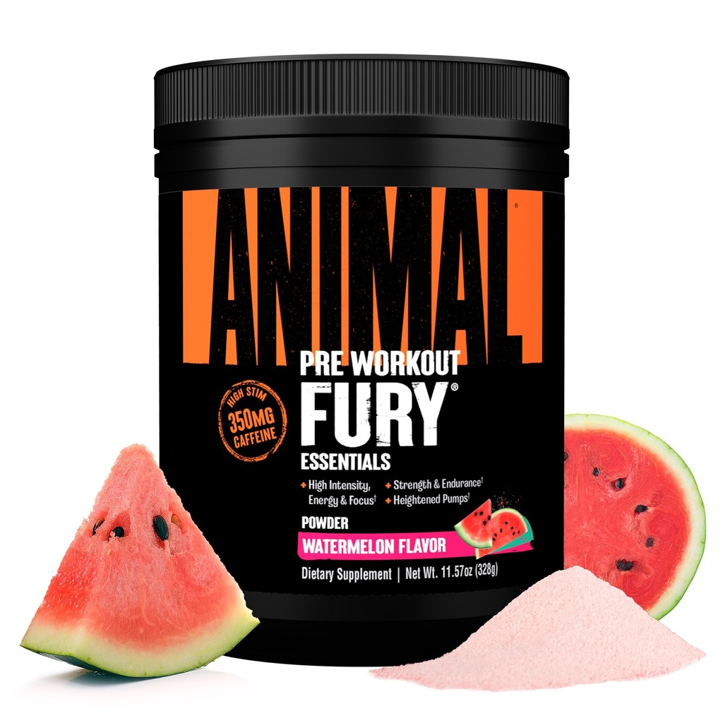 Animal Fury Pre Workout Powder - Watermelon, 350mg kofein, BCAA aminokisline, 2g beta alanin, citrulin in tirozin, energija, fokus, moč, vzdržljivost, Preworkout za moške in ženske, 20 Serving