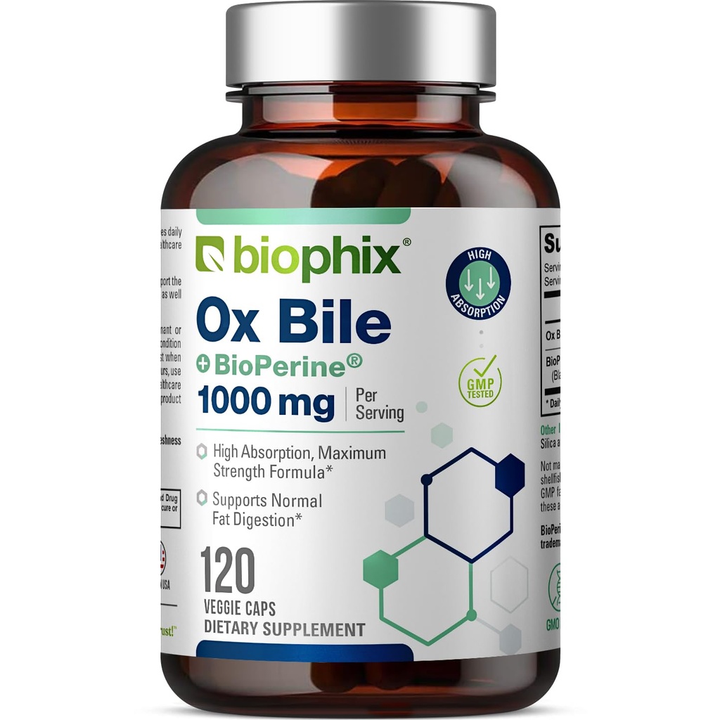 Biophix Ox Bile 1000 mg z BioPerine 120 Veggie Kapsule - visoka absorpcija Prebavne encime Dopolnilo - Jetra Metabolična gastrointestinalna maščoba Presnovna podpora