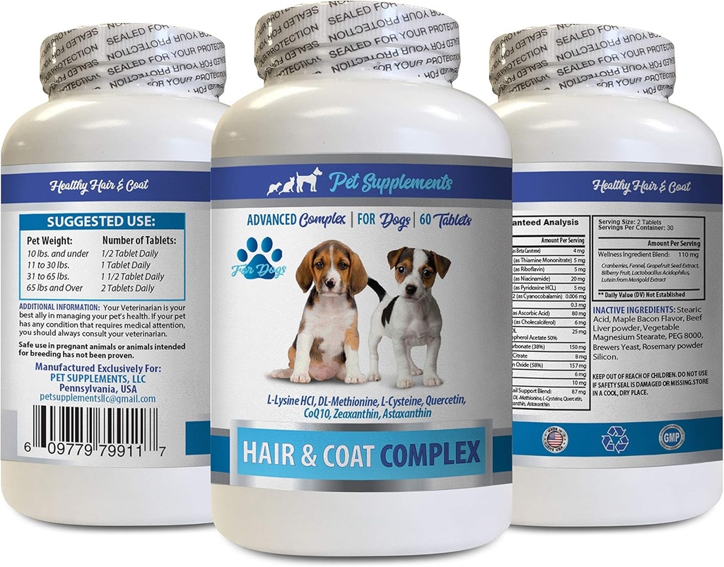 Dog Koža in Coat dopolnila - Psi las in Coat Complex - Napredno lajšanje kože - Dobro za nohte - Dog Vitamin e - 1 steklenica (60 tablet)