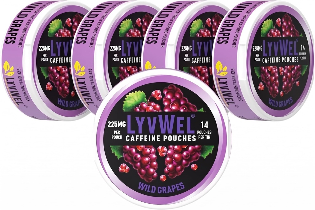 LyvWel 225mg Kofeinske energetske vrečke – Divje grozdje 5-Pack (75 vrečke) – Polna aroma, čista energija – Guarana-infundirana Focus & Stamina za delovanje na-the-Go