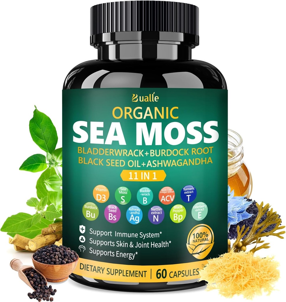 Bualle Organic Sea Moss Kapsule s črnim oljem, Ashwagandha, Bladderwrack, Ginger & Burdock Root – zeliščni kompleks za dnevno dobro počutje – 60 kapsul (1 pakiranje)
