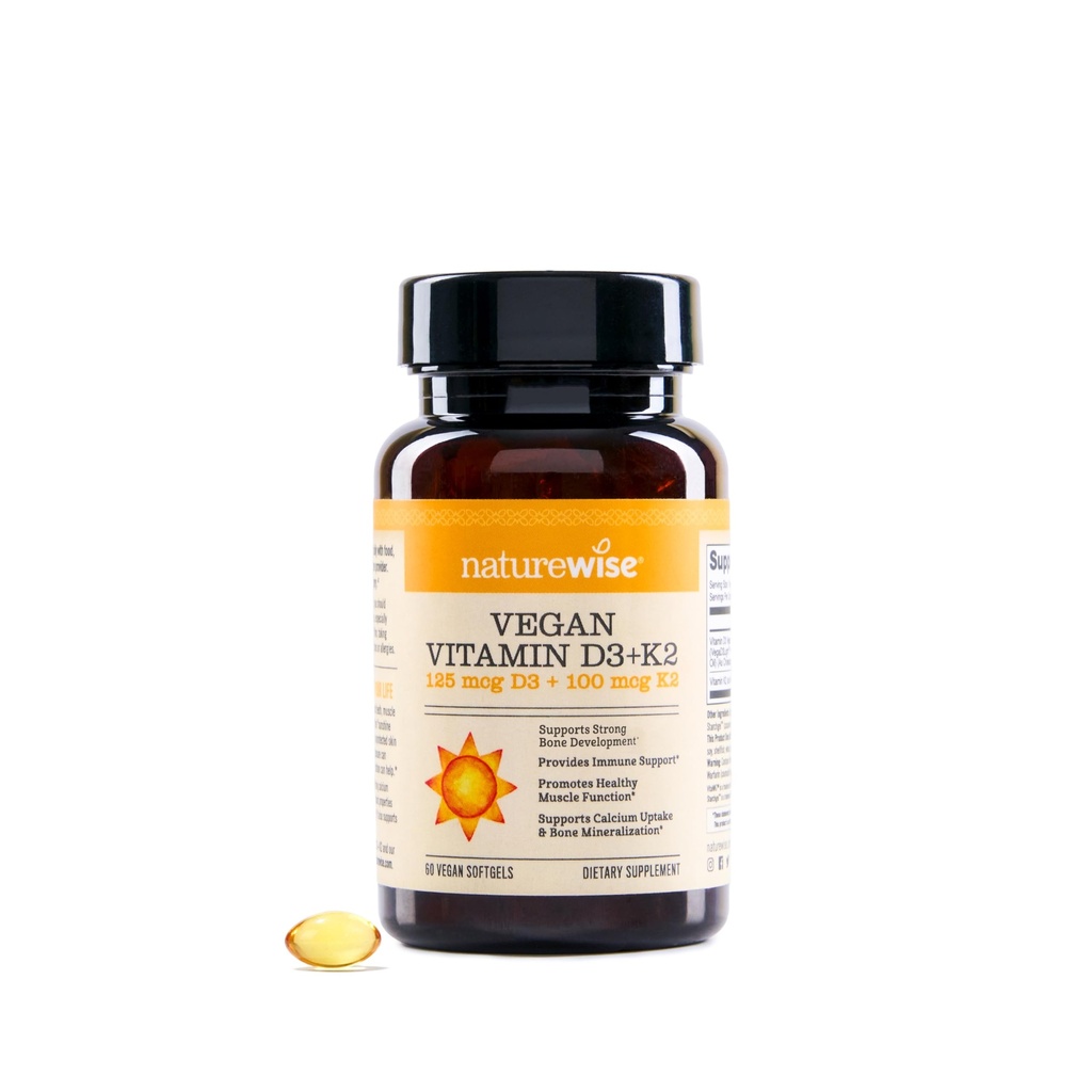 NatureWise Vegan Vitamin D3 + K2 - Organski D3 5000IU + Naravni Vitamin K2 100mcg - Podpora za kosti - Visoka absorpcija z organskim hladnim oljčnim oljem - Ne-GMO