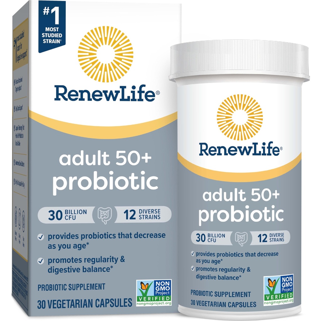 Renew Life Probiotic Adult 50 Plus Probiotične kapsule, Dnevna dopolnila Podpira urinarno, Prebavno in imuno zdravje, L. Rhamnosus GG, Mlekarna, Soja in gluten brez, 30 milijard CFU, 30 Število