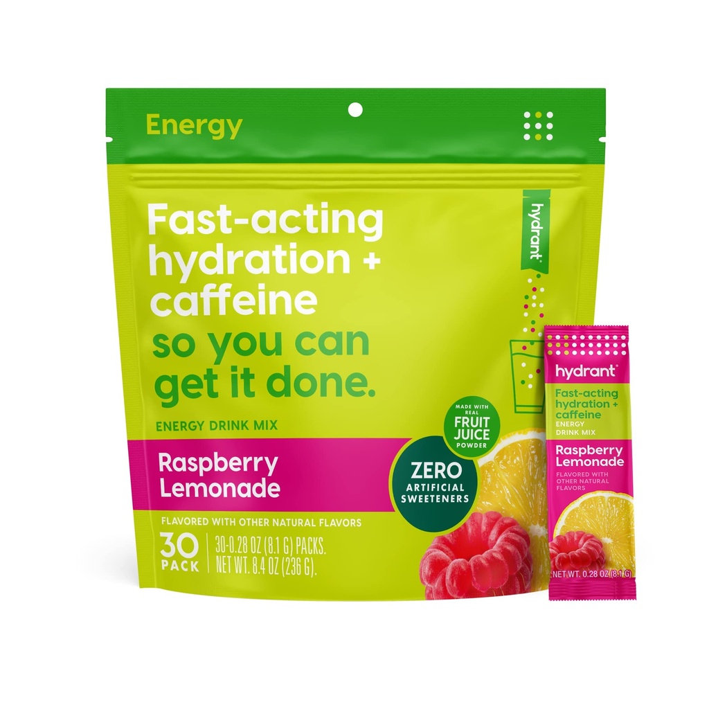 Hidrant - Energija Elektrolit Powder, Raspberry Limonade Flavor, 30 Kofein & L-Theanine Energy Rehidracija Packs - Nizek sladkor Energy Powder za vsakodnevno uporabo