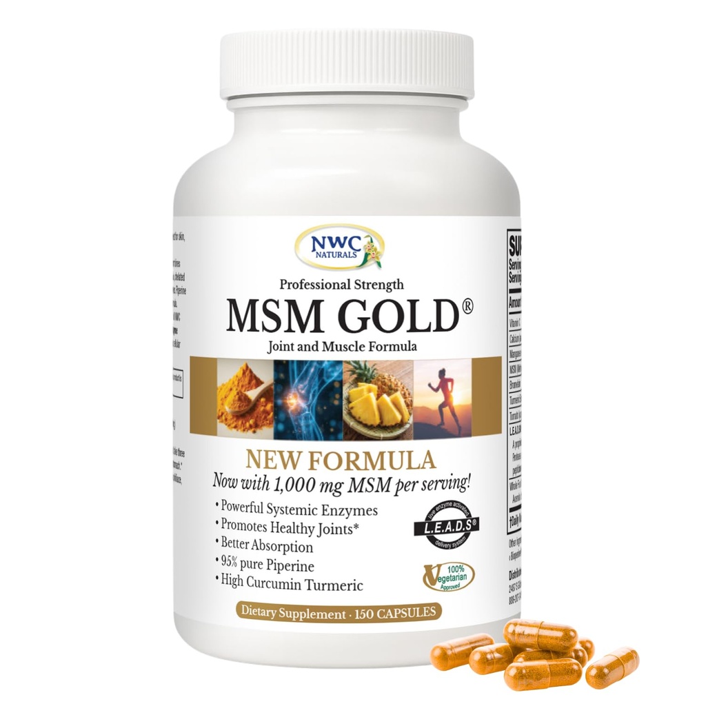 NWC Naturals MSM Gold – Sistemski encim dopolnilo z kurkuma, Paradižnik Lycopen & BioPerin za absorpcijo hranil – Joint & Muscle Support – 150 Antioksidant-Rich Vegetarian kapsule