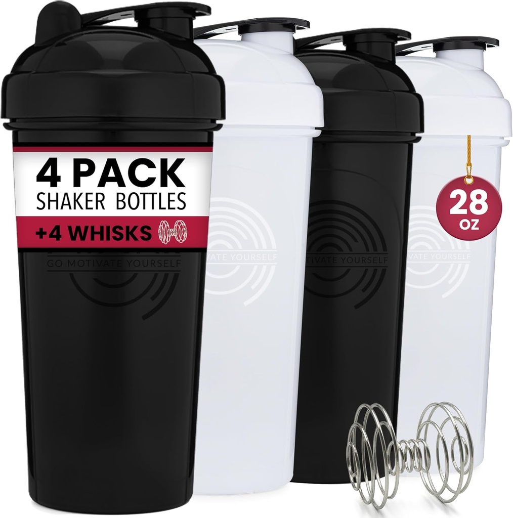 GOMOYO 4-Pack - 28 Ounce Protein Shaker steklenica za mešanice, 4xWisk, Puh dokaz razsutem stanju dodatek meša in predworkout Shaker skodelice, Pomivalni stroj Safe & BPA brezplačno, črno in belo