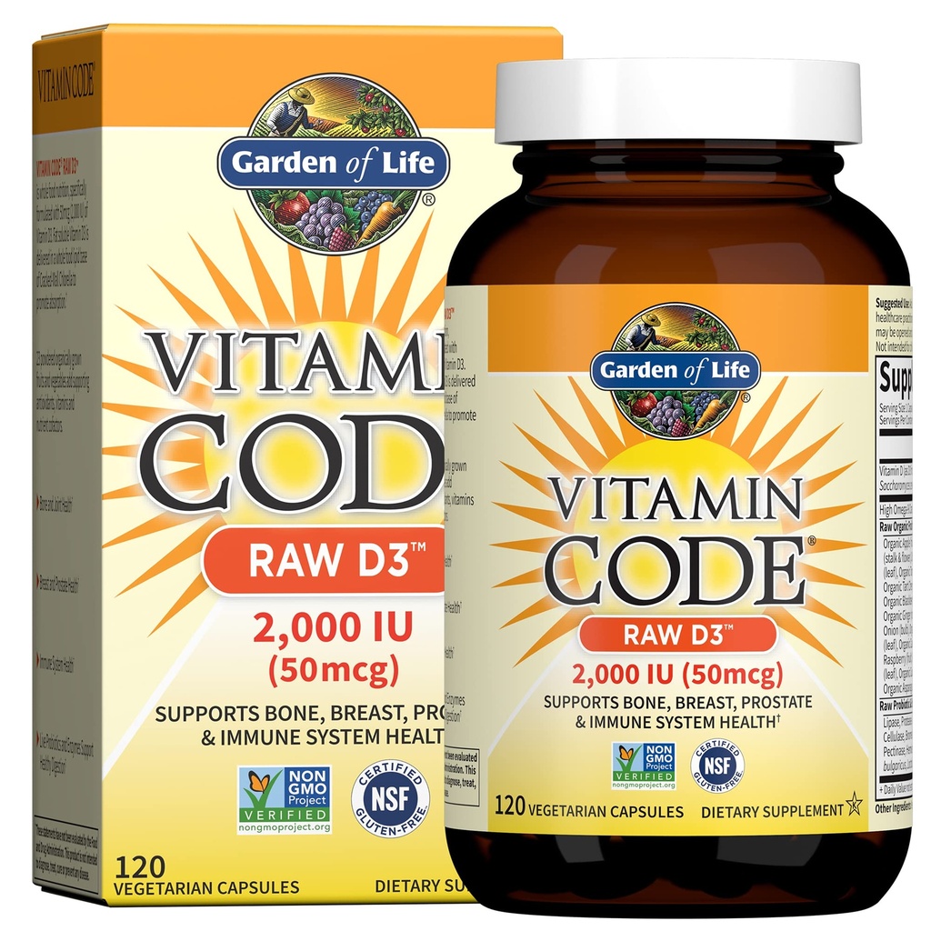Vrt življenja Vitamin D, vitaminska koda Surovi D3, Vitamin D 2.000 i.e., Surovo celotno živilo D3 Dodatki s klorolom, sadjem, zelenjavo in probiotiki za zdravje kosti in imunskega sistema, 120 vegetarijanskih kapsul