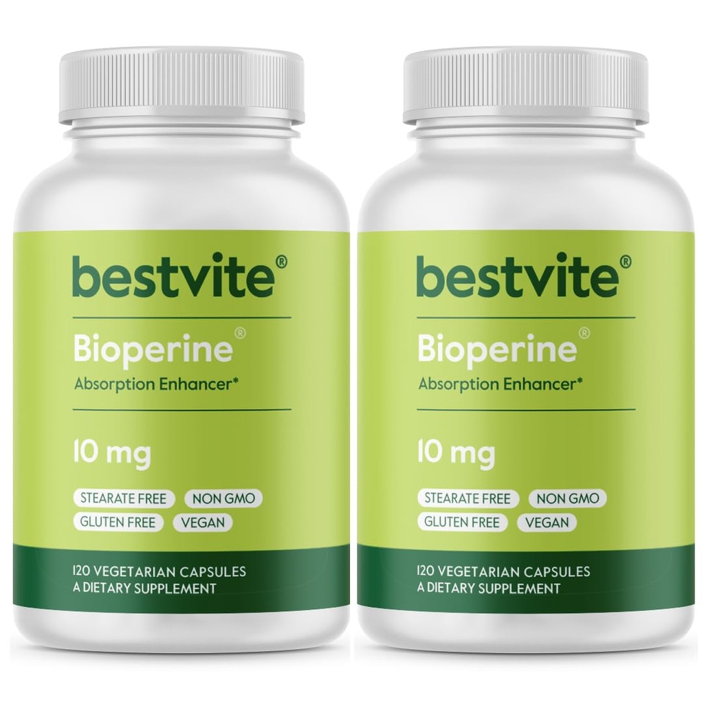 Bioperine 10 mg (240 vegetarijanskih kapsul) (120 x 2) - brez stearat - vegan - brez gensko spremenjenih organizmov - sredstvo za povečanje absorpcije brez glutena