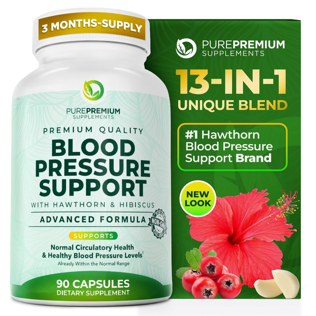 PurePremium krvni tlak dopolnila z Hawthorn Berry, Hibiscus, Česen & Vitamin B12- Dušikov oksid dopolnilo za normalno zdravje srca, kroženje zdravje in podpora krvni tlak - 90ct