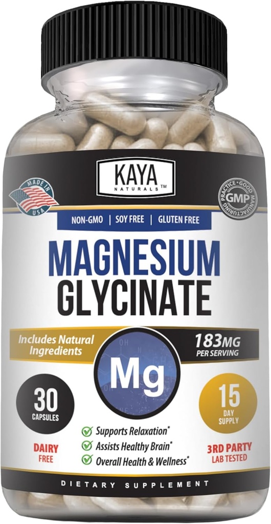 Kaya Naturals Magnezij Glycinate 183mg na kapice, kelirana za največjo absorpcijo, Non-GMO, NO Gluten Dairy & Soy, podpira zdravje mišic in srca 30