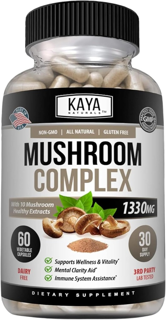 Kaya Naturals Premium goba kompleks močen - gobe kompleksne kapsule 1330mg na strežbo - Aids Duševna čistost podpira imunski sistem, Wellness & Vitality - 60 Count