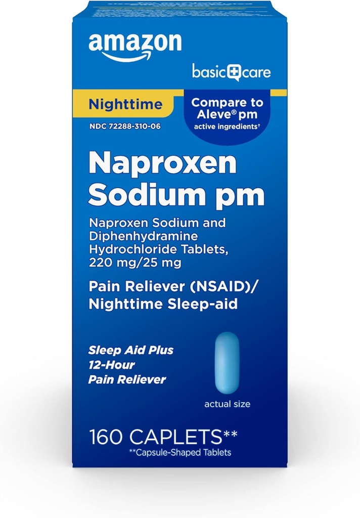 Osnovna nega Vse nočne bolečine Relief PM, Naproxen natrij, 220 mg/difenhidramin hidroklorid, 25 mg tablete, bolečina Reliever / nočno spanje-Aid, 160 število