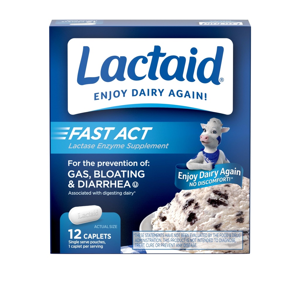 Lactaid Fast Act Laktoza Intolerance Relief Caplets z encimom laktaze za preprečevanje plina, napenjanje in driska zaradi občutljivosti na laktozo, Idealno za potovanja in na-na-na-na, 12 Pakiranja 1-nakup