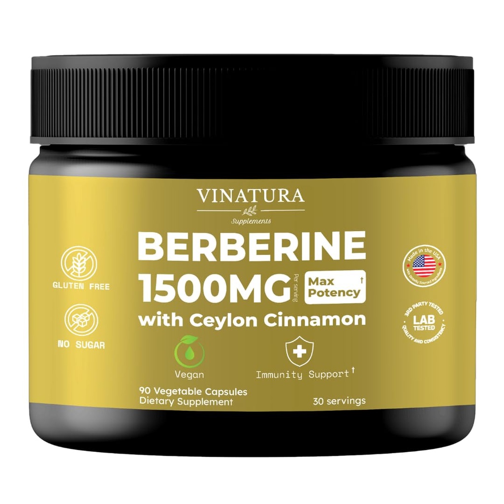 VINATURA Berberine 1500 mg - Berberine dodatek s Ceylon Cinamon, Max Potency Berberine HCL - 90 kapsul