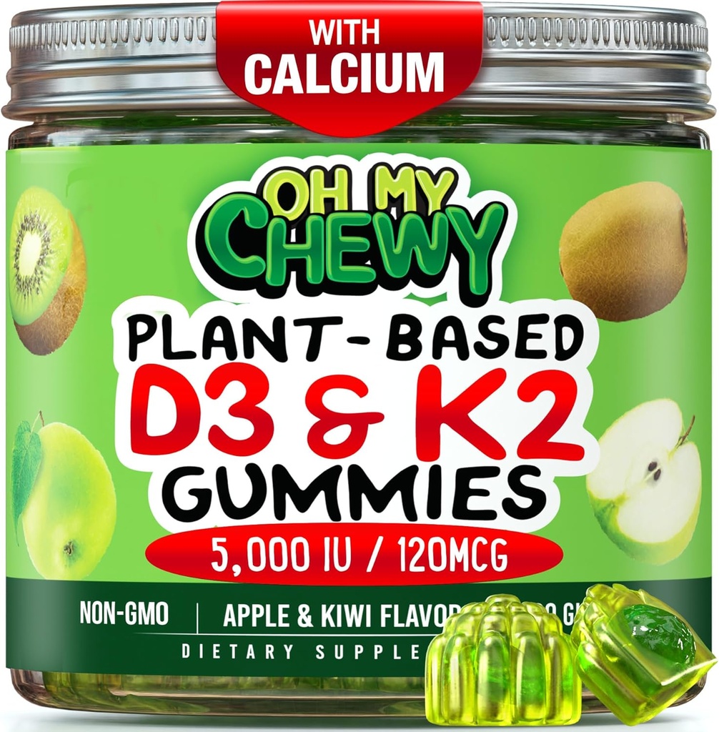 Vitamin D3 K2 Gumiji - otroci, najstniki in odrasli - dodatek za zdrave zobe, kosti, energijo in imuniteto - 5000 i.e. D3, 120 μg K2(MK-7), 120 mg Kalcij - Vegan & Non-GMO - 60 Count