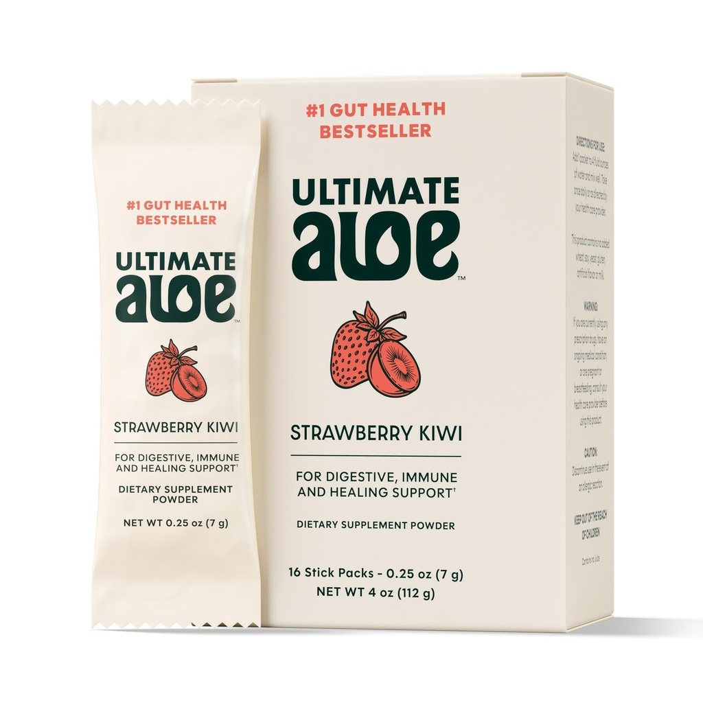 Ultimate Aloe Powder – Jagoda Kiwi Flavor, Podpira Prebavno zdravje, Imunski sistem in normalno zdravljenje, Aloe v prijetnih paketih prahu, 16 Paketi, Gluten-free, Vegan, Ne-GMO