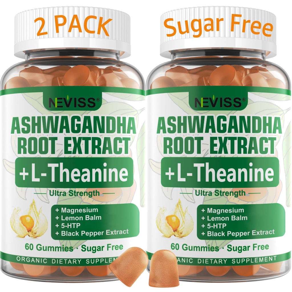 NEVISS Ashwagandha Gummies 2000mg, Feel Osveži, Plus Lastniška mešanica z L-Theanine, 5-HTP, Lemon Balm, Magnezij za pomiritev, Zzzs & Relaxation Podpora, 120 Count