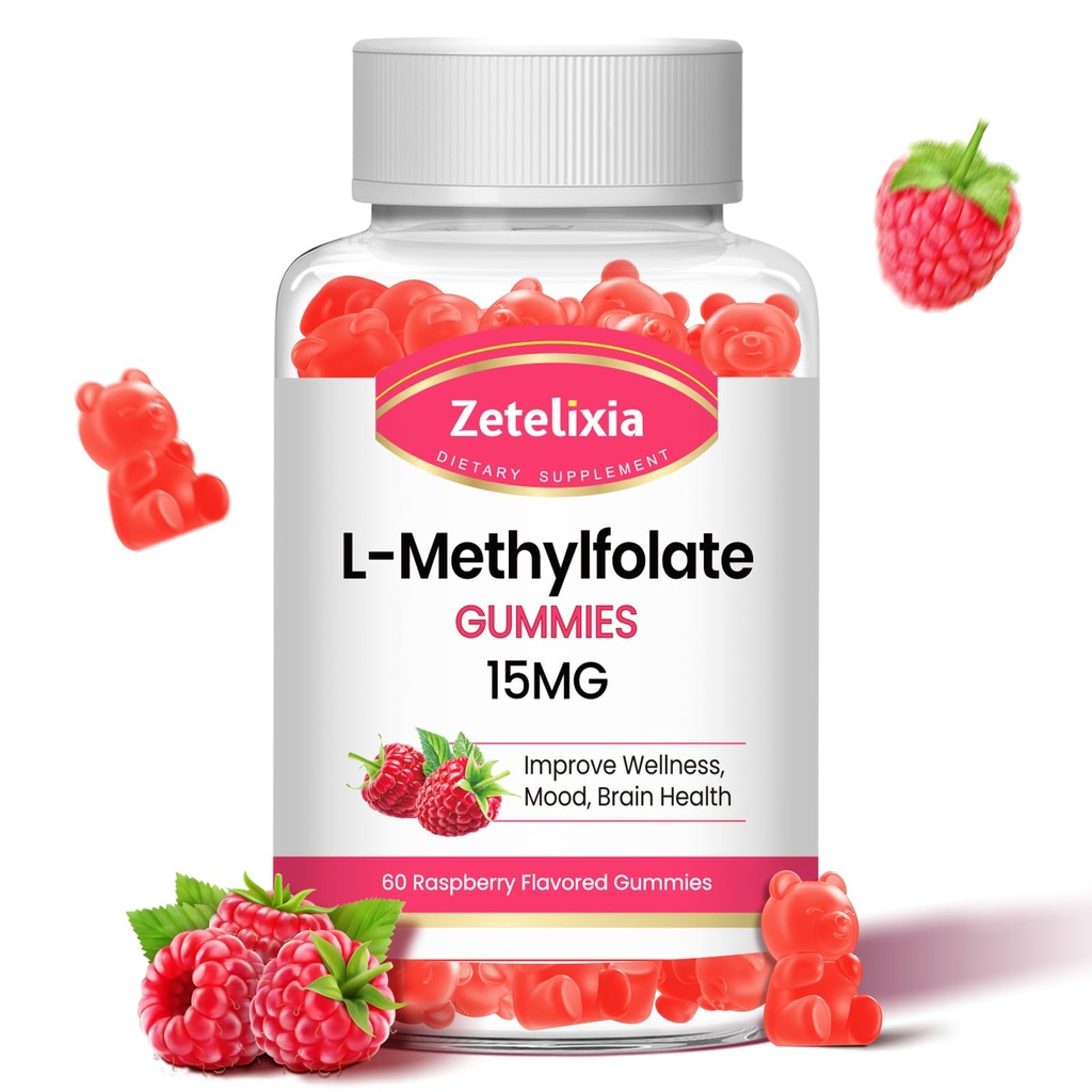 L-metilfolat 15mg & metil B12 Gumies, Folat dopolnilo za zdravje možganov, Mood & Immuniteta, DNK sinteza in popravila, sladkor prost, Vegan, malina aroma, 60 Count