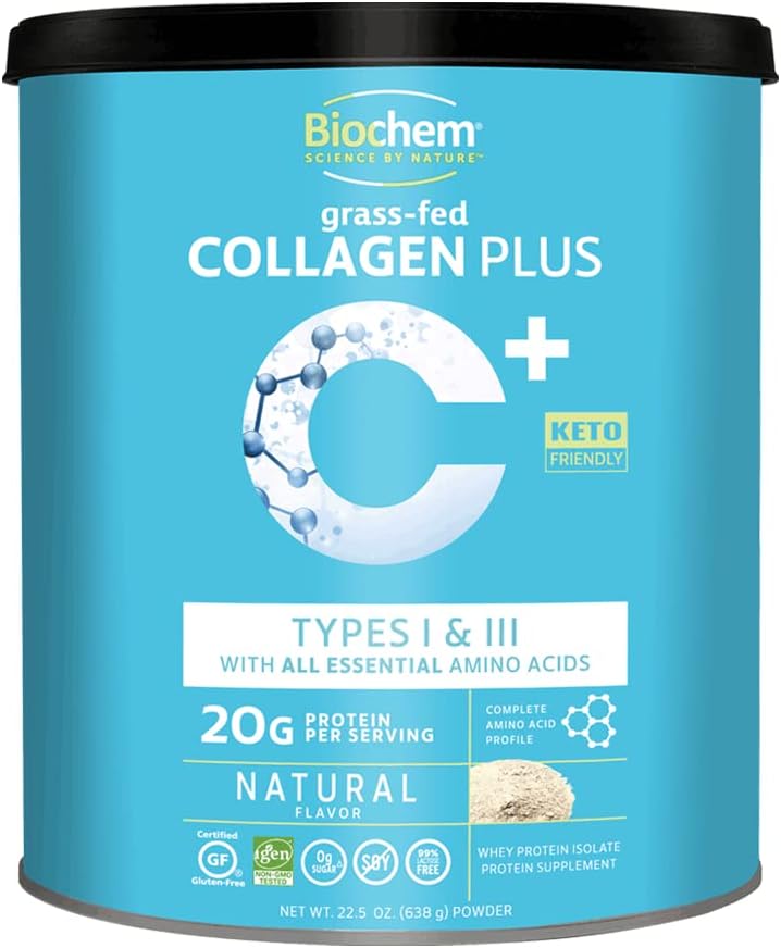 Biochem Collagen Plus Protein - 1,4 lb - Naravna aroma - 20 g kolagenskih beljakovin v prahu - spodbuja lase, kožo, nohte, skupno zdravje in kosti - Aminokislina - Keto-prijazno - Mehka podpora tkivu
