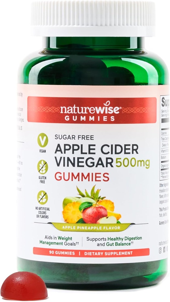NatureWise Apple Cider Vinegar ACV Gumies - 1000mg ACV na 2, Sugar Free, Vegan - Energy & Gut Health - ACV Gumies W/Vitamin B12-90 Gumies[1,5-mesečna zaloga za 1000mg / 3-mesečna zaloga za 500mg]