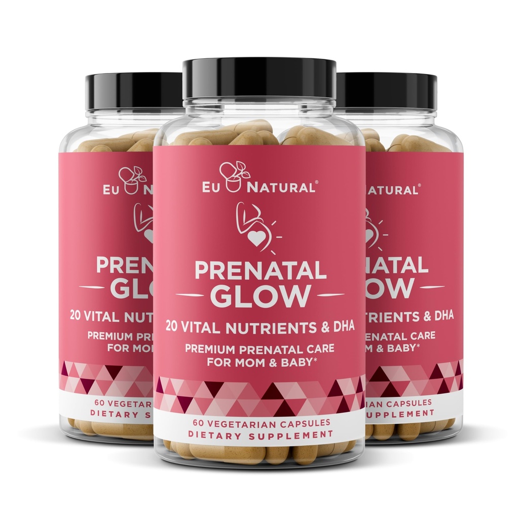 Glow Prenatal Vitamini za ženske 3-Pack paket – 20-in-1 Vital Nutrients za zdravo nosečnost in razvoj ploda – Folna kislina & Vegan DHA za rast otroka in udobno nosečnost – 180 kapsul