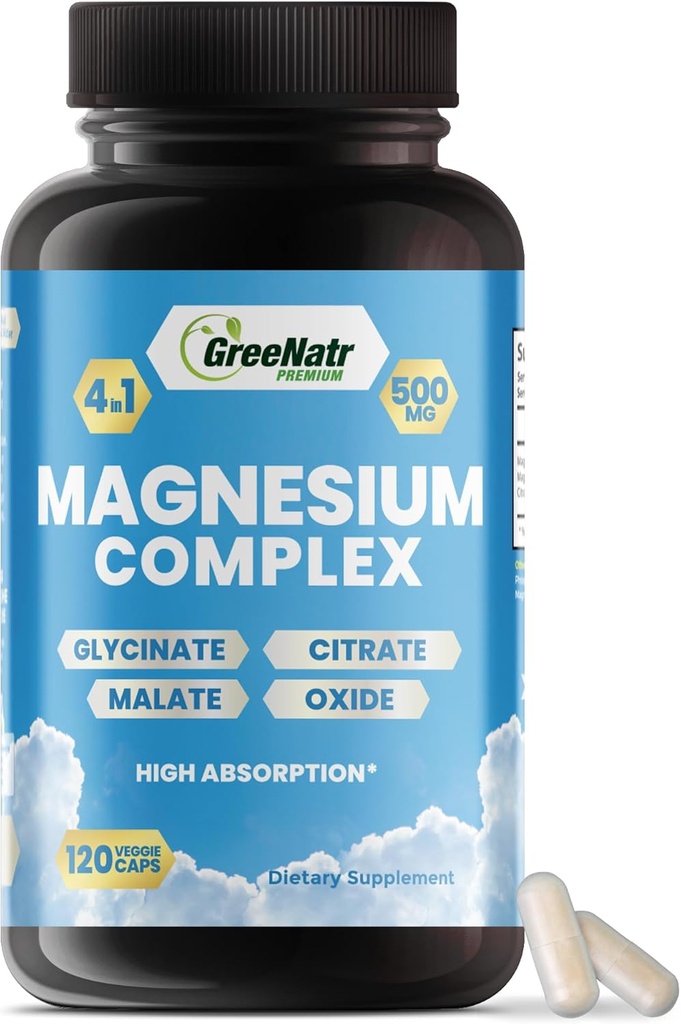GreeNatr Magnezij Complex Supplement - Magnezij dopolnila z glicinatom, citratom, malatom in oksidom - Magnezijeve tablete za digescijo, spanje, zdravje srca, & energijo - Magnezij Vitamini 120 Štetje