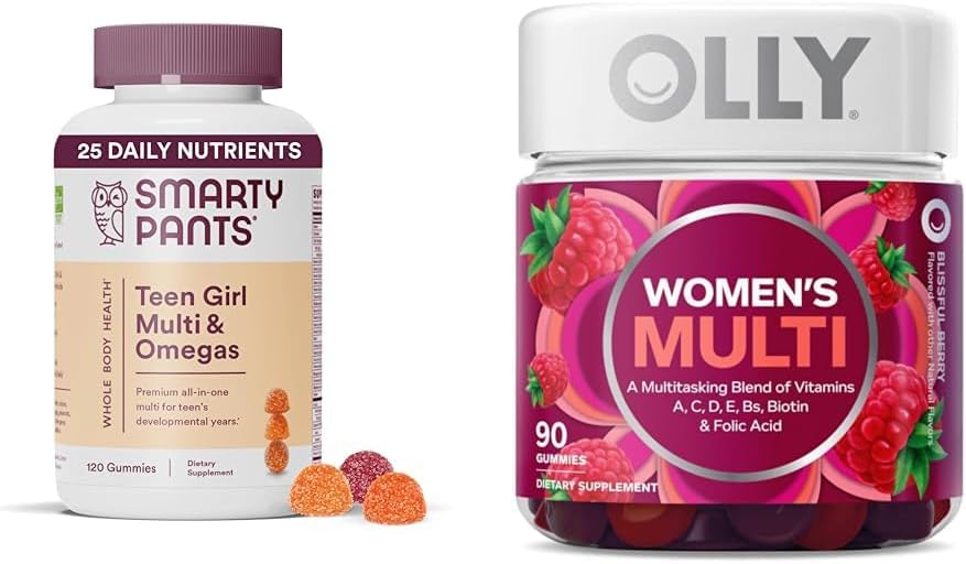 SmartyPants Teen Girl Multivitaminski gumi z Omega 3 ribjega olja, vitamini D3, C, B12, B6, A, K, cink in OLY ženski multivitaminski gummy z vitamini A, D, C, E, Biotin, Folna kislina, Berry Flavor
