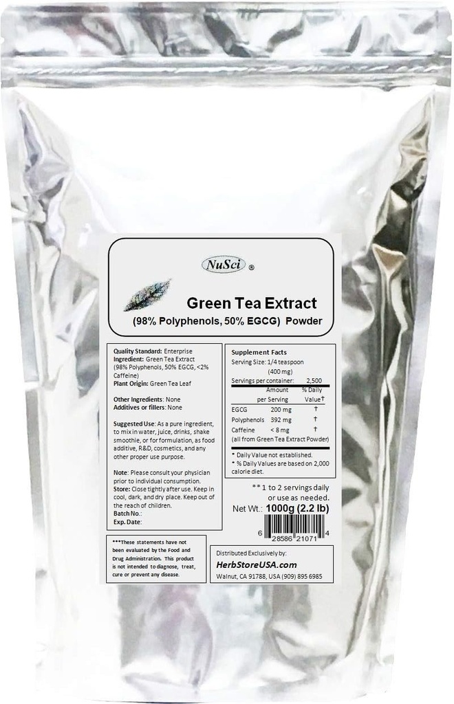 Izvleček zelenega čaja v prahu Standardizirani 98% polifenoli in 50% EGCG brez gensko spremenjenih organizmov Neobsevani (1000 gram (2,2 lb))