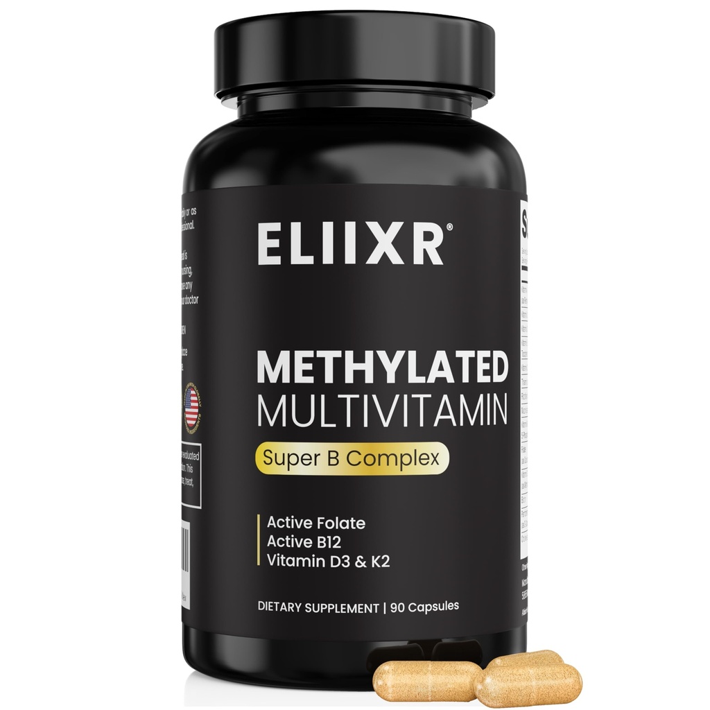 Eliixr Metilirani multivitaminski dodatek za moške in ženske, z 1500 mcg aktivnega folata in 500 mcg aktivnega B12 v vsaki kapsuli. 60 kapsul, 60-dnevna zaloga, brez železa, izdelana v ZDA