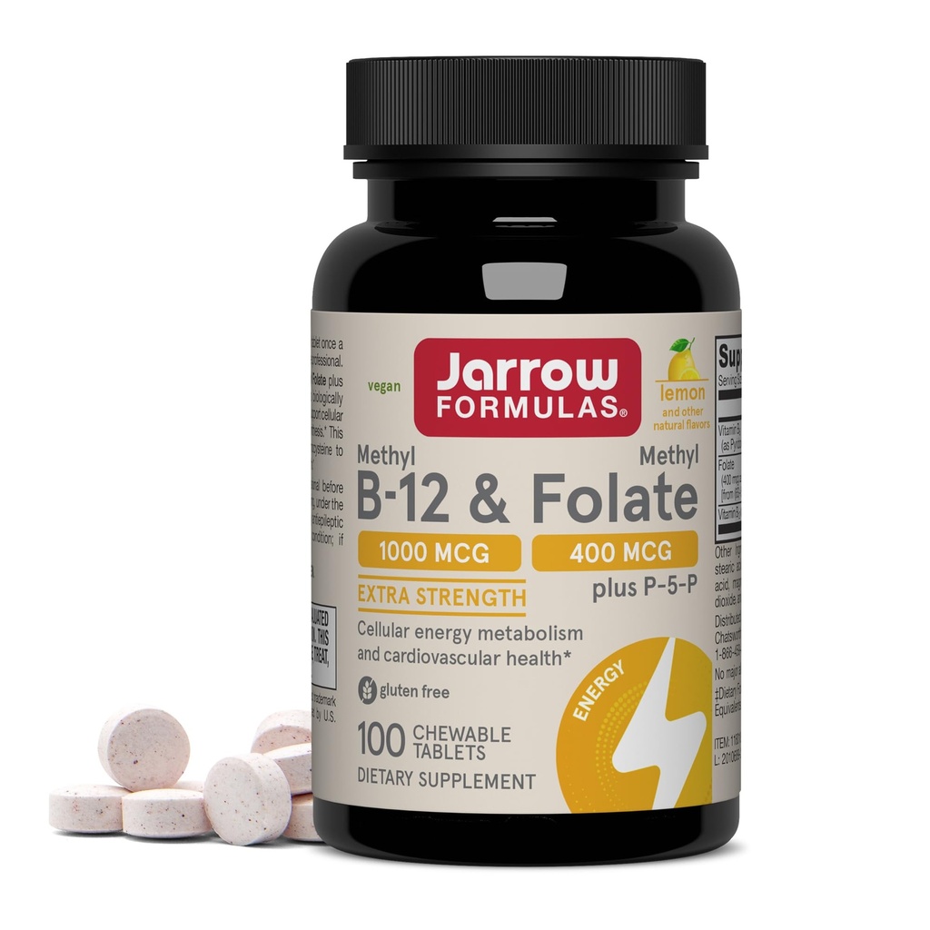 Jarrow Formule Metil B-12 1000 MCG in metil Folate 400 MCG, ekstra moč, Celularna energija Presnova in Kardiovaskularno zdravje Formula(1) S P-5-P, 100 Žvečljive tablete, Do 100 dan dobave
