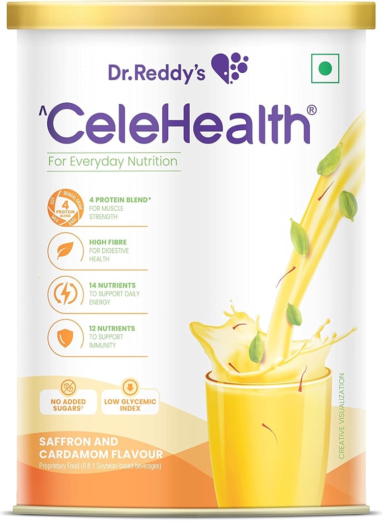 Dr. Reddy's Celehealth Nutritional Dr. Reddy's, Beljakovine dopolnilo za dnevno uporabo, nizko glikemični indeks, nič dodanega sladkorja, žafran in kardamon aroma, 400g, Yellow